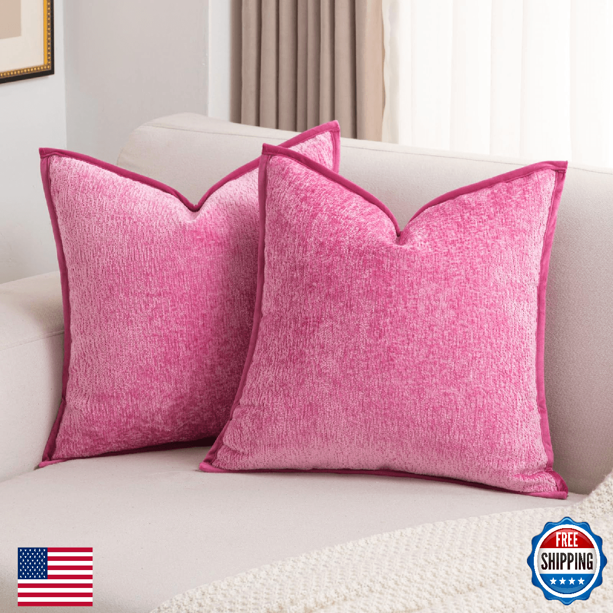 FUTEI Valentine's Day Hot Pink Chenille Throw Pillow Covers 20x20 Inch Set of 2, - Image 1
