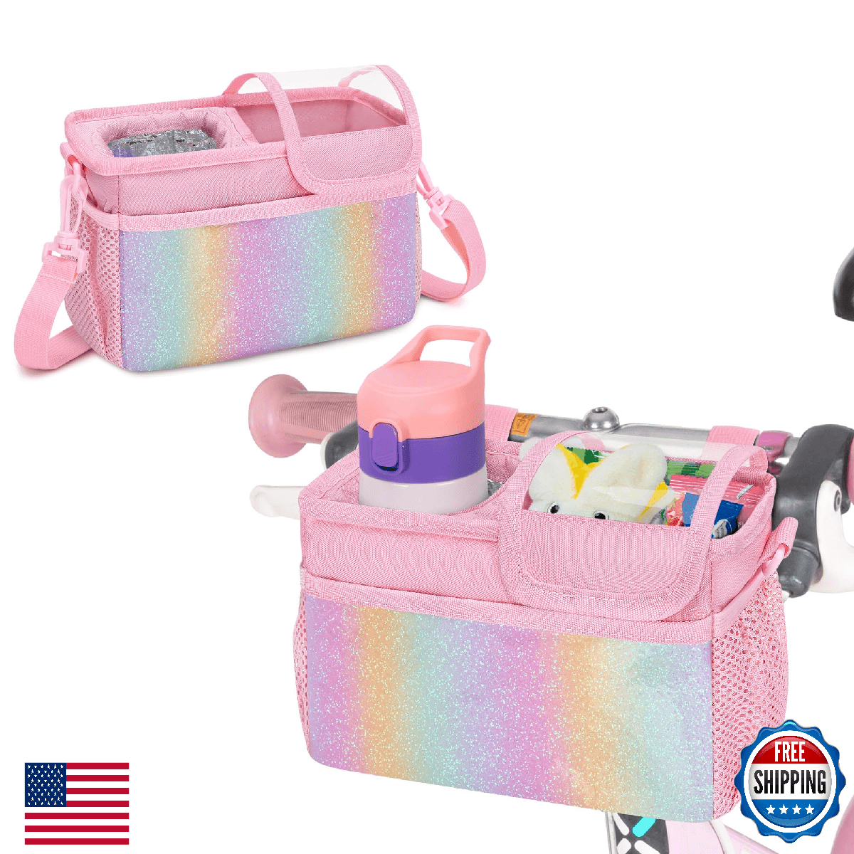 GRAOSO Kids Bike Basket Front Scooter Bag Insulated Cup Holder Pink - Image 1