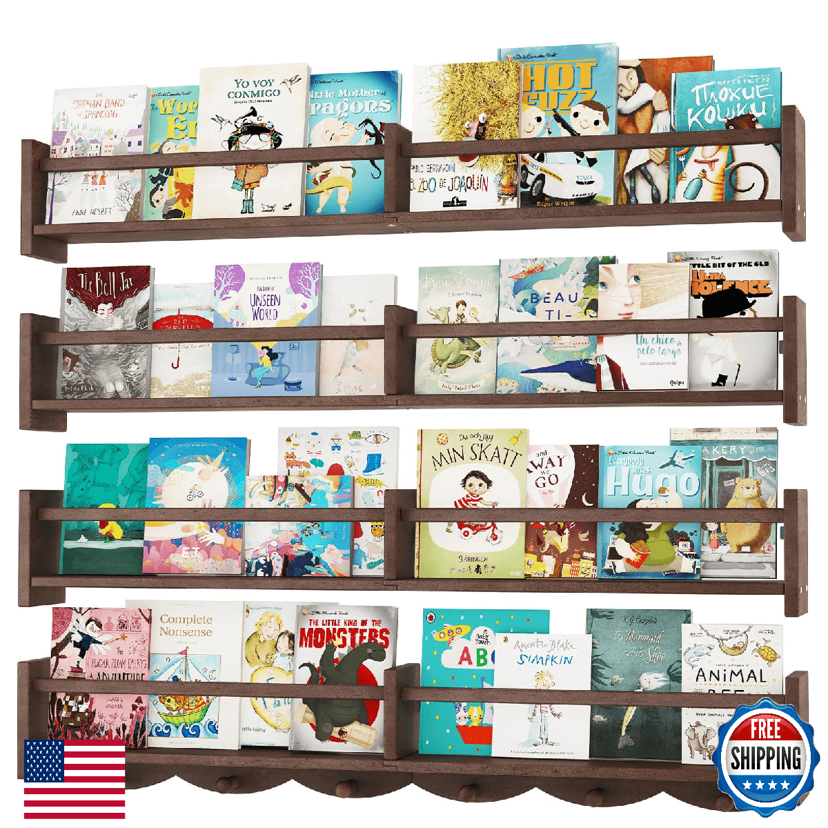 ECOOCE 34Inch Nursery Bookshelves Set of 4 Wall Floating Shelf Kids Coat Rack 6 - Image 1