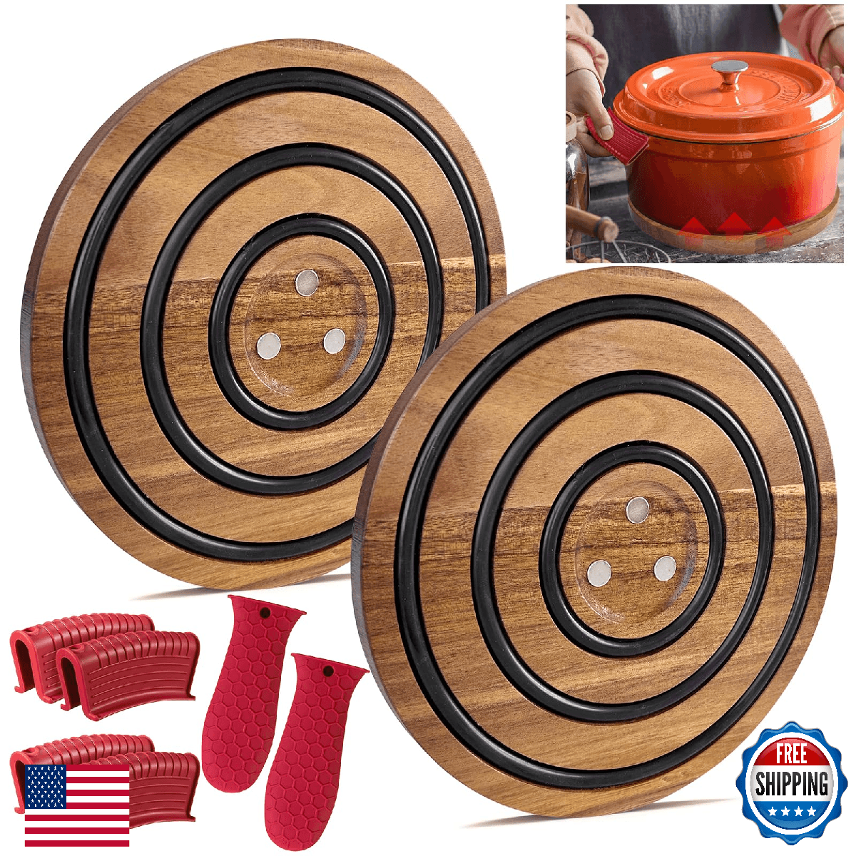 LAIAMER 2Pcs Magnetic Wooden Trivets for Hot Pots & Pans, Heat Resistant Acacia - Image 1