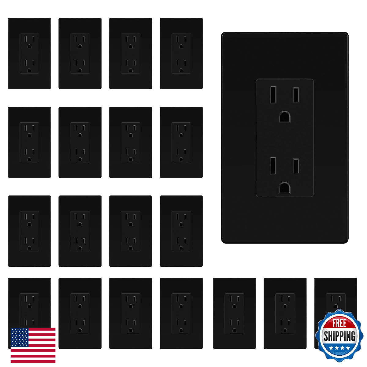 TG 20 Pack Matte Black Decorator Receptacle with Screwless Wall Plate, Standard - Image 1