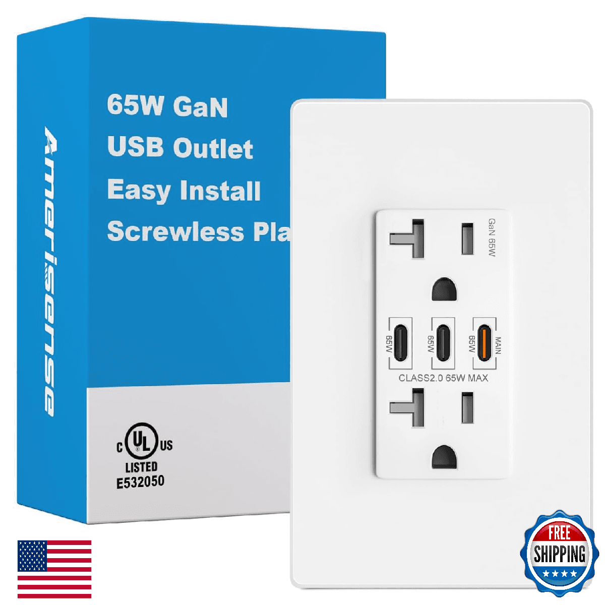 Amerisense GaN 65W 3-Port USB Wall Outlet, 20 Amp Tamper-Resistant Receptacle wi - Image 1