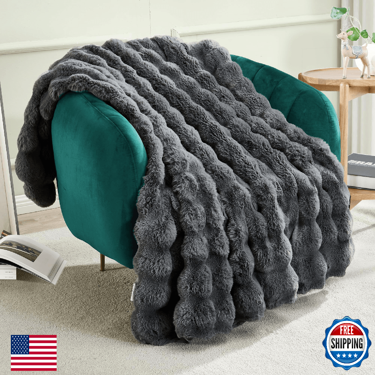 JONIYEAR Solid Thick Bubble Faux Rabbit Fur Throw Blanket 50" x 60" Decorative B - Image 1