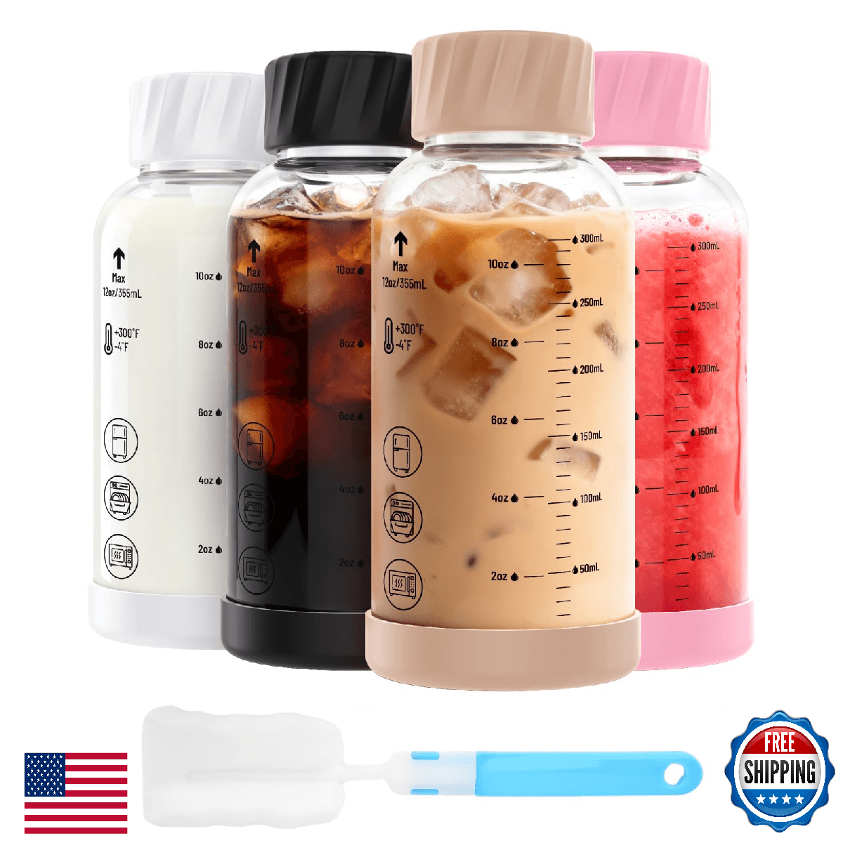 Luxfuel 12 oz Glass Juice Bottles with Lids, 4 Pack Borosilicate Glass Bottles w - Image 1