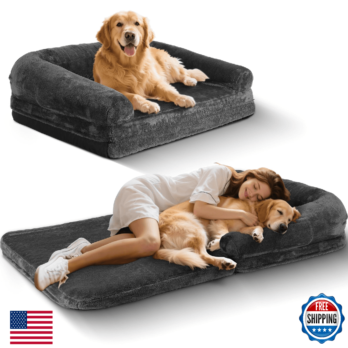 Foldable Human Dog Bed,Orthopedic Memory Foam Human Sized Dog Bed,2 in 1 Calming - Image 1