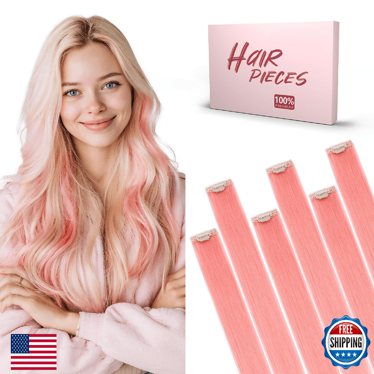 SEGO Single Pink Clip In Hair Extensions Real Human Hair 6 Pcs Individual Colore - Image 1
