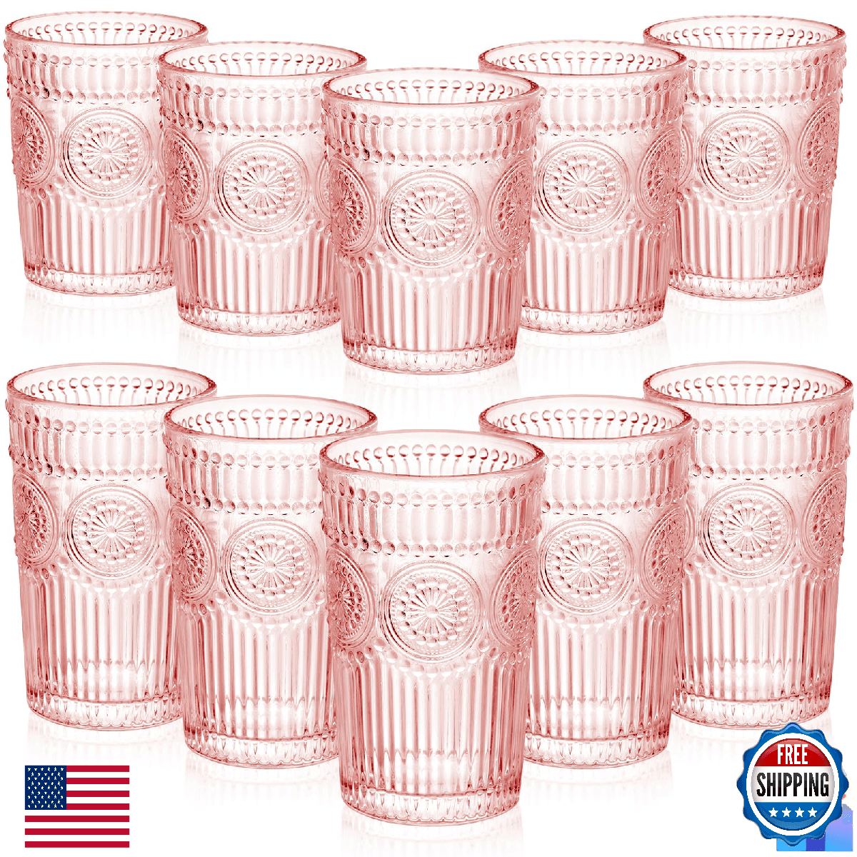 Megarate Vintage Drinking Glasses Set - 12 Piece Textured Embossed Glassware 6 H - Image 1