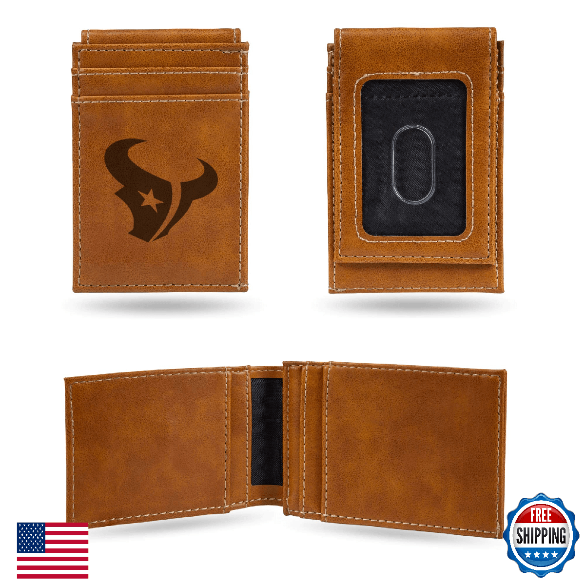 Rico Industries Houston Texans Laser Engraved Front Pocket Wallet, Brown - Image 1