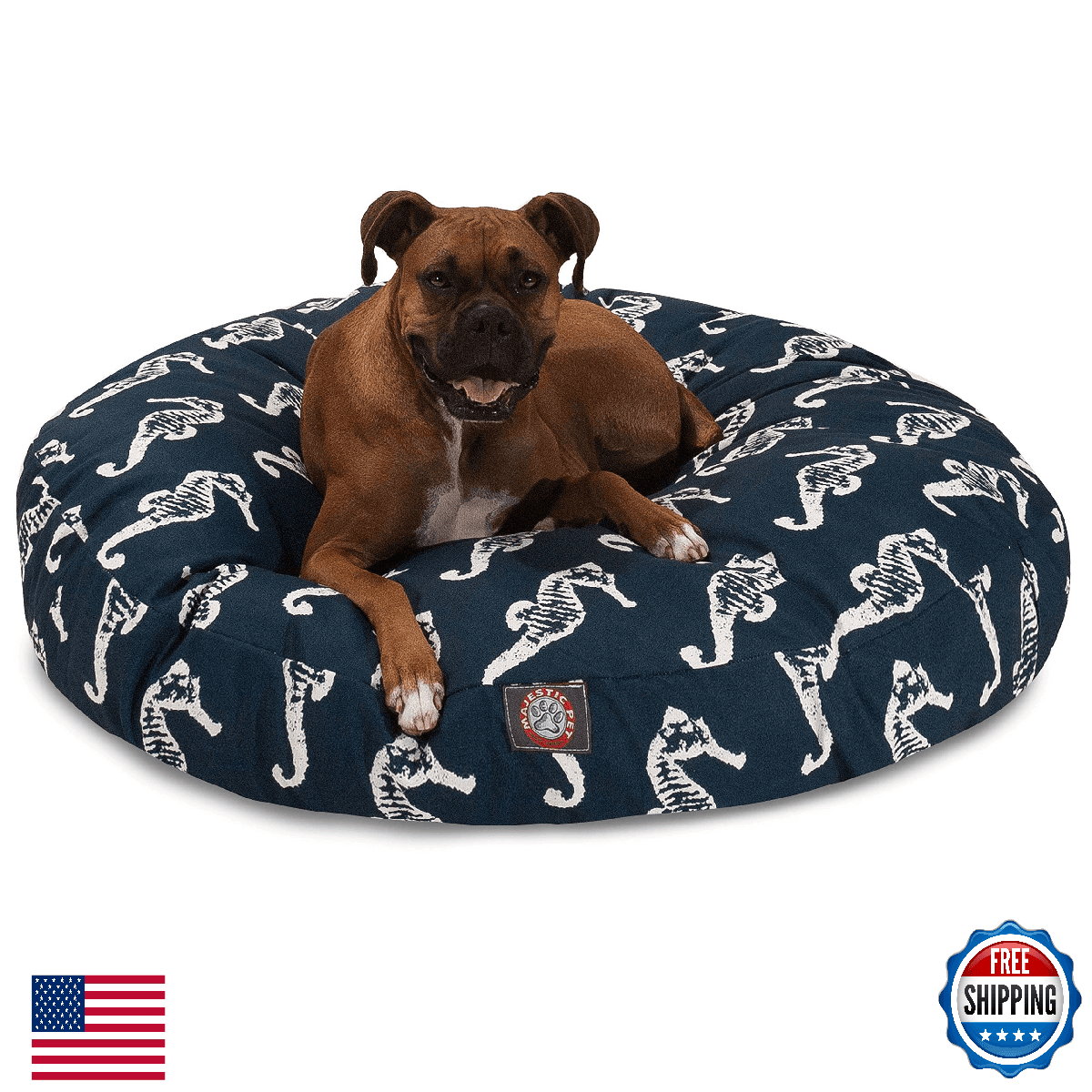 Navy Sea Horse Large Round Indoor Outdoor Pet Dog Bed With Removable Washable Co - Image 1