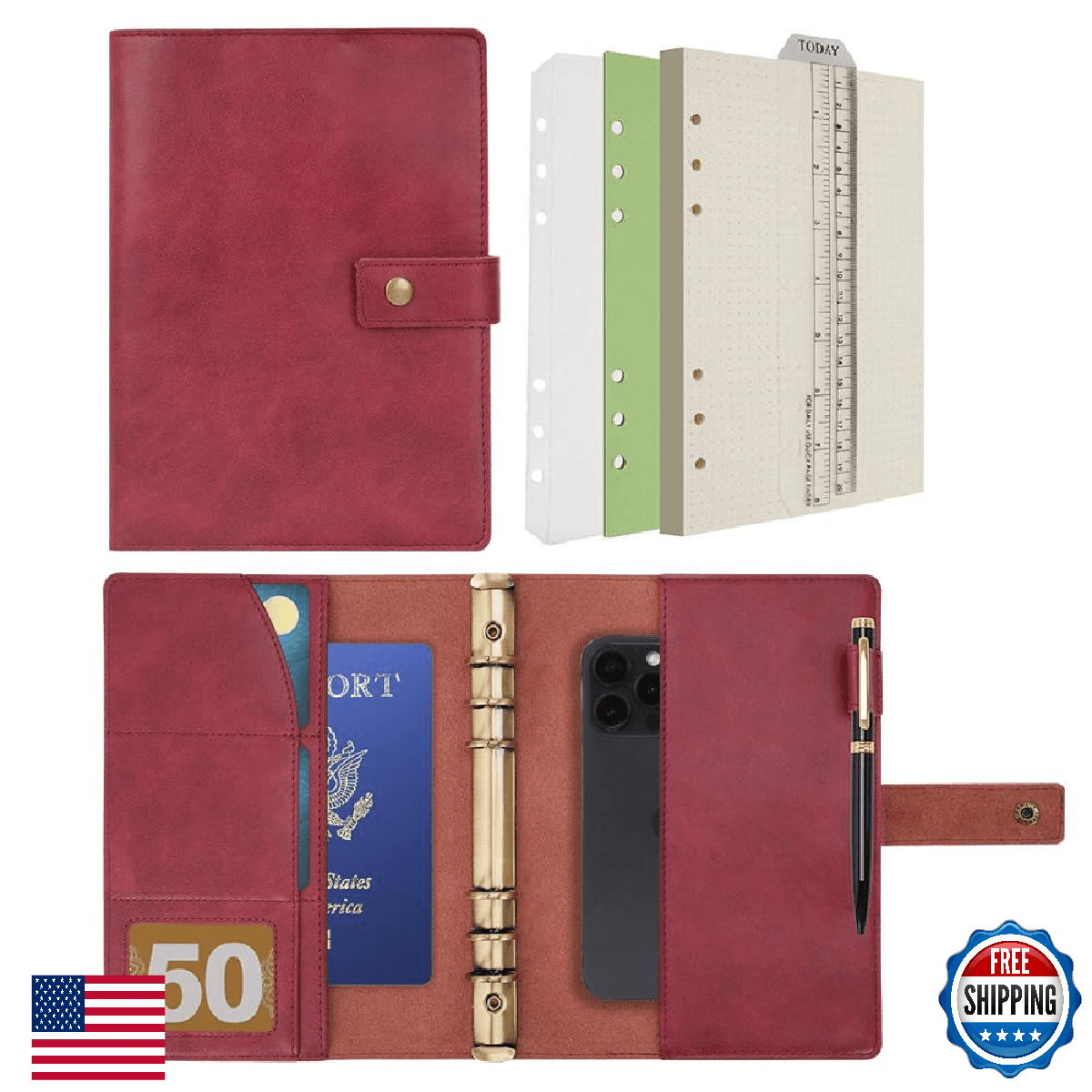 WONDERPOOL Leather Journal Dotted Paper Refillable Writing Binder Notebook - Lea - Image 1
