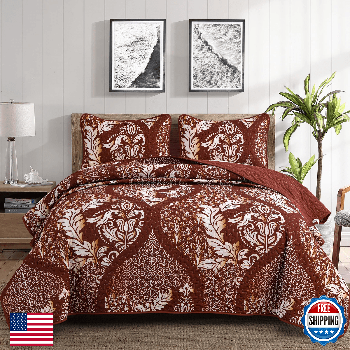 DJY King Burgundy Red Gold Damask Quilt Set Boho Bedspread Coverlet Soft - Image 1