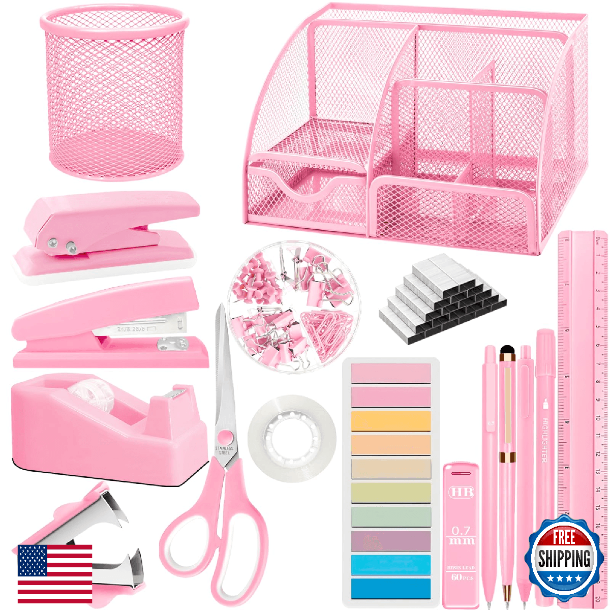 Pink Office Supplies 17Pcs Desk Accessories Set Stapler Mesh Organizer Tape Disp - Image 1