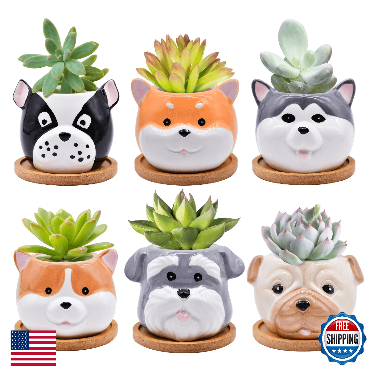 6 Pack Cute Dog Succulent Pots with Drainage – Ceramic Puppy Planters for Small - Image 1