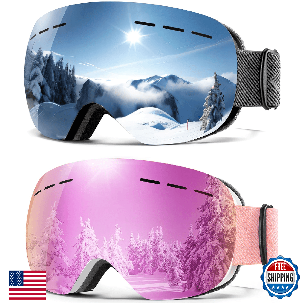 QALLY Anti-Fog Ski Goggles Men Women, UV Protection Snowboard Snow Goggles - Image 1