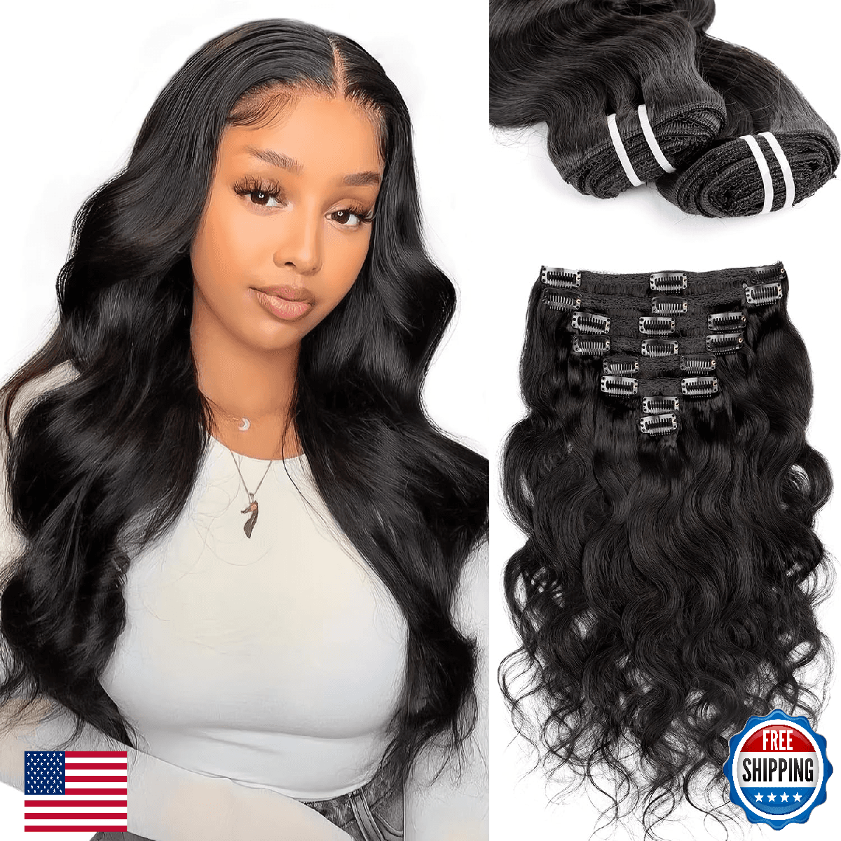 Clip in Hair Extensions Real Human Hair Extensions Clip Ins Jet Black 16 Inch Hu - Image 1
