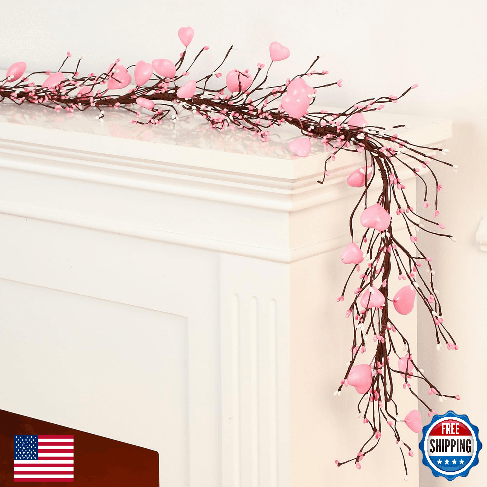 Yuxung Valentine's Day 4.5ft Garland, 30 LED Fairy Lights, Pip Berry Cherry Blos - Image 1