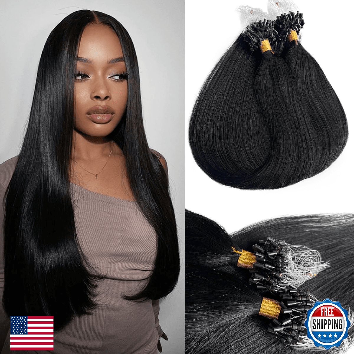 Black Micro Beads Hair Extensions Human Hair Bundles No Weft 22 Inch Micro Strai - Image 1