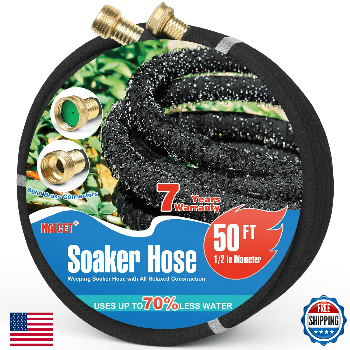 Naicet 50FT Heavy Duty Rubber Soaker Hose w/ End Cap - Saves 75% Water - Image 1