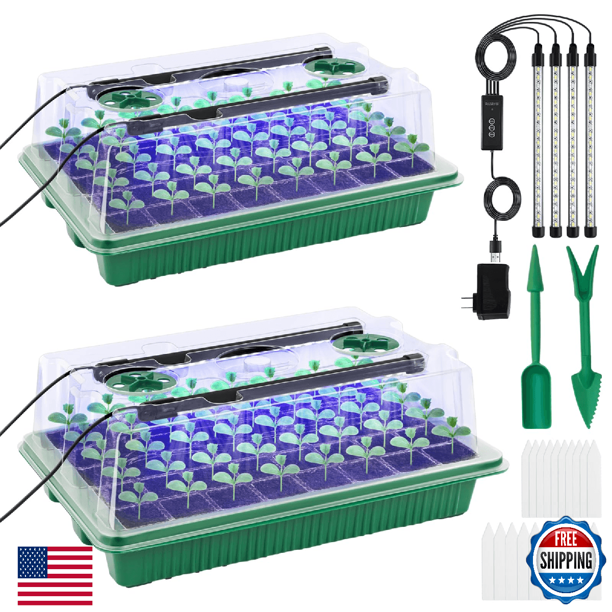 2-Pack 80-Cell Seed Starter Tray w/ Timed Full-Spectrum LED Grow Light & Domes - Image 1