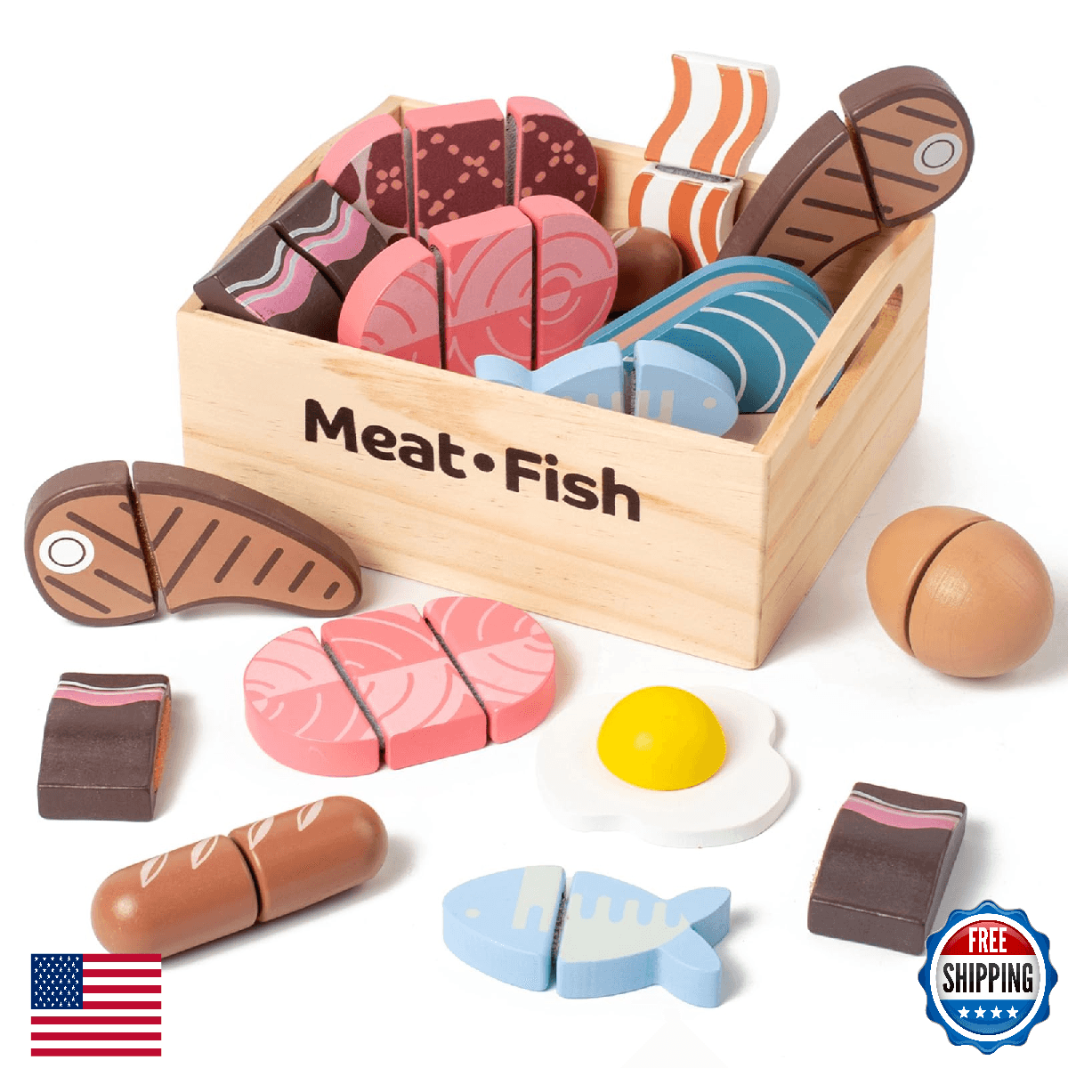 Kienvy 10 PCS Meat & Fish Wooden Play Food Set for Kids Kitchen, Wooden Toy Pret - Image 1