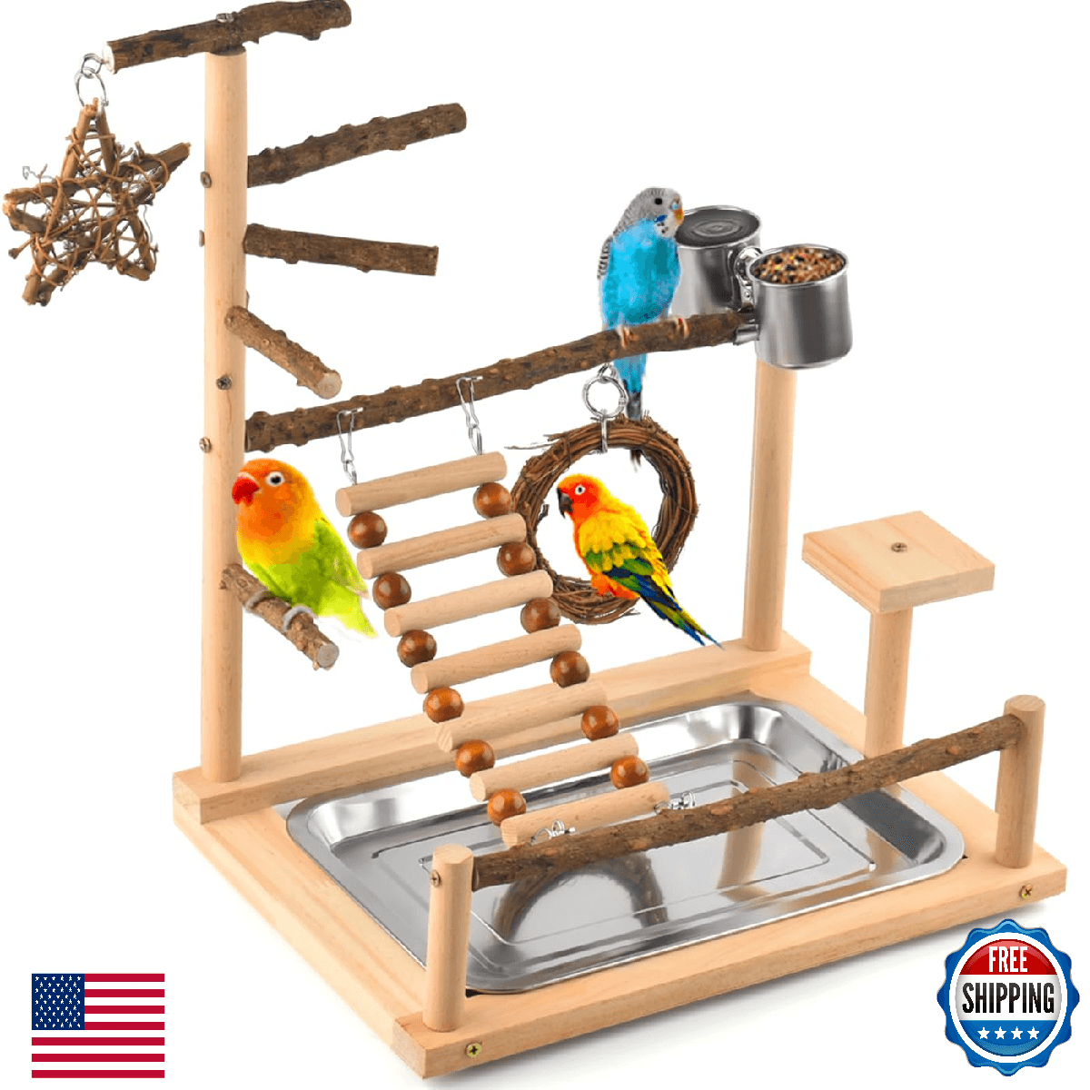 KATUMO Bird Playground: Natural Wood Perches, Ladder, Swing, Feeder for Parakeet - Image 1