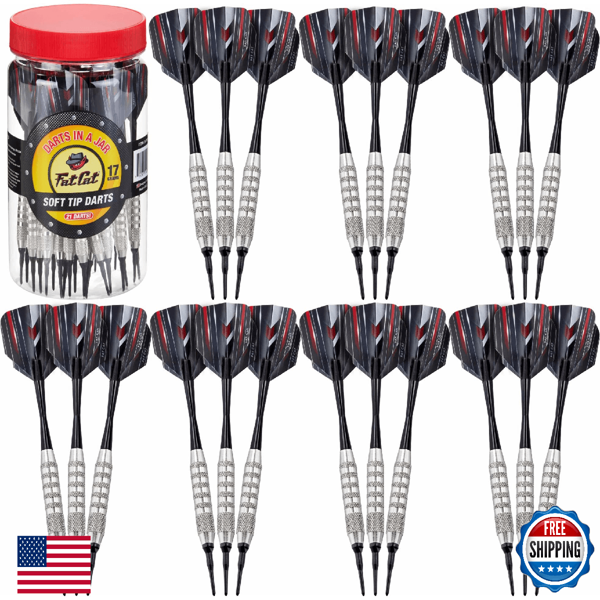 Fat Cat Soft Tip Dart Set, 21-Pack, 17g Darts w/ Storage Jar - Image 1