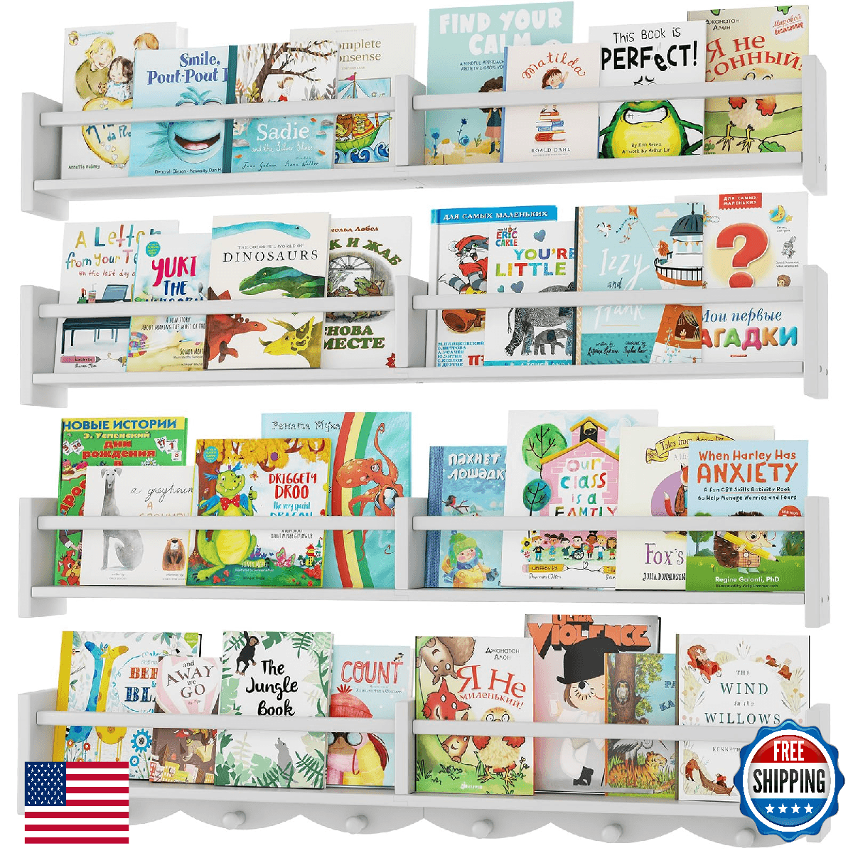 ECOOCE 34 Inch Nursery Bookshelves Set of 4 Wall Floating Shelf Kids Coat Rack H - Image 1