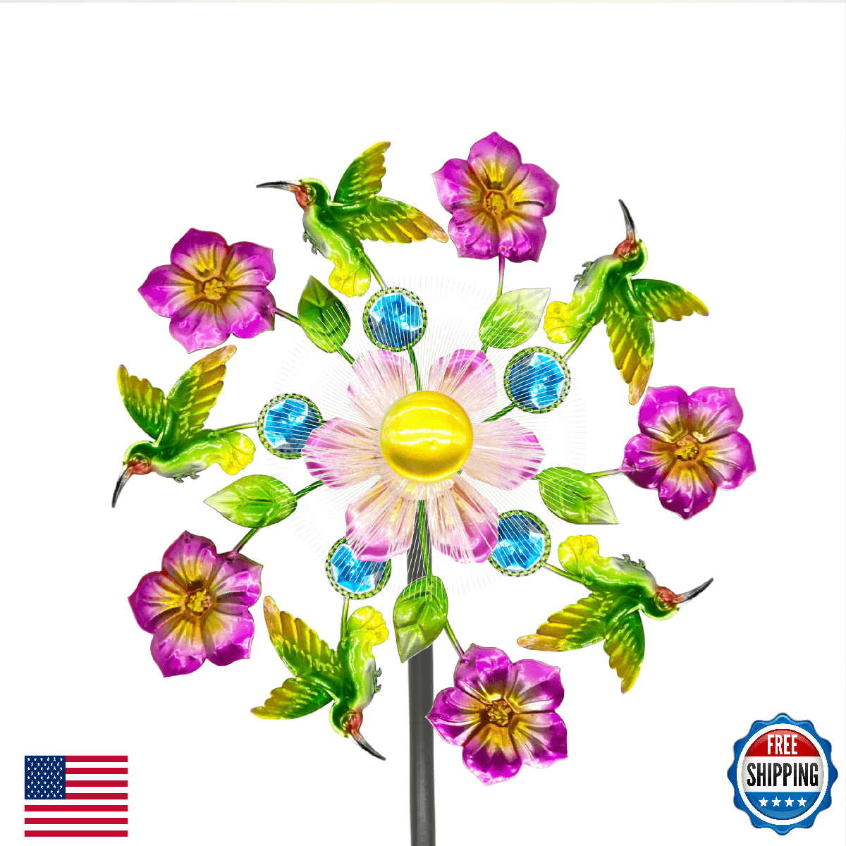 40" Solar Wind Spinner, Metal Outdoor Yard Garden Decor, RGB LED Light Sculpture - Image 1