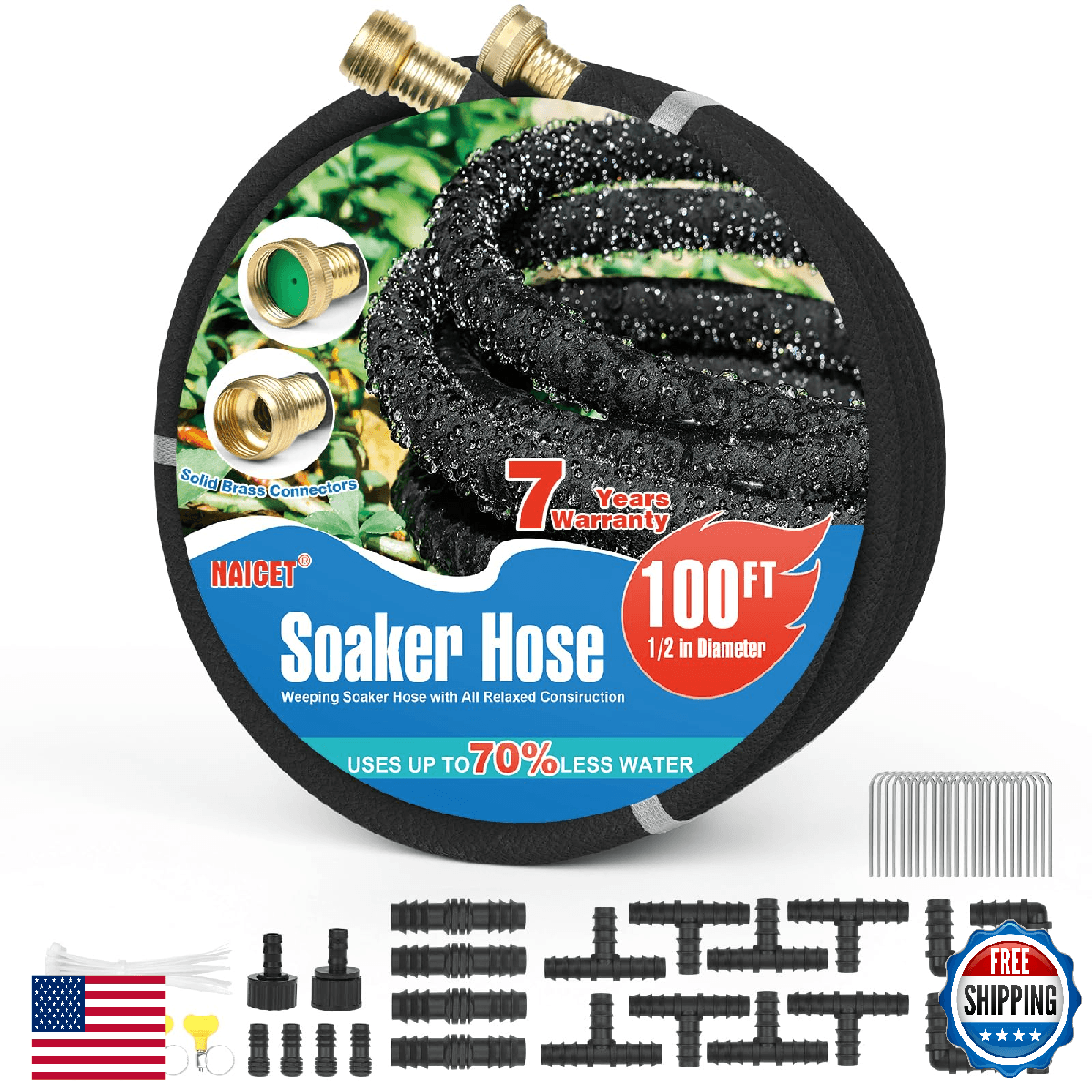 Naicet 100FT Heavy Duty Rubber Soaker Hose Water Saving w/ End Cap for Garden - Image 1