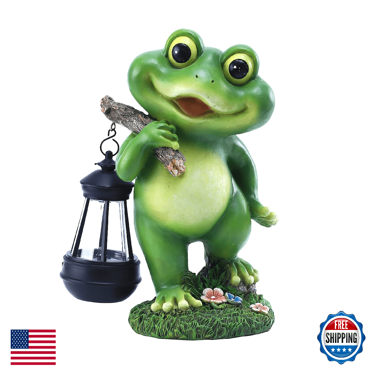 CFFOWNUG Solar Frog Garden Decor 11" Yard Statue w/ Lantern LED Light - Image 1