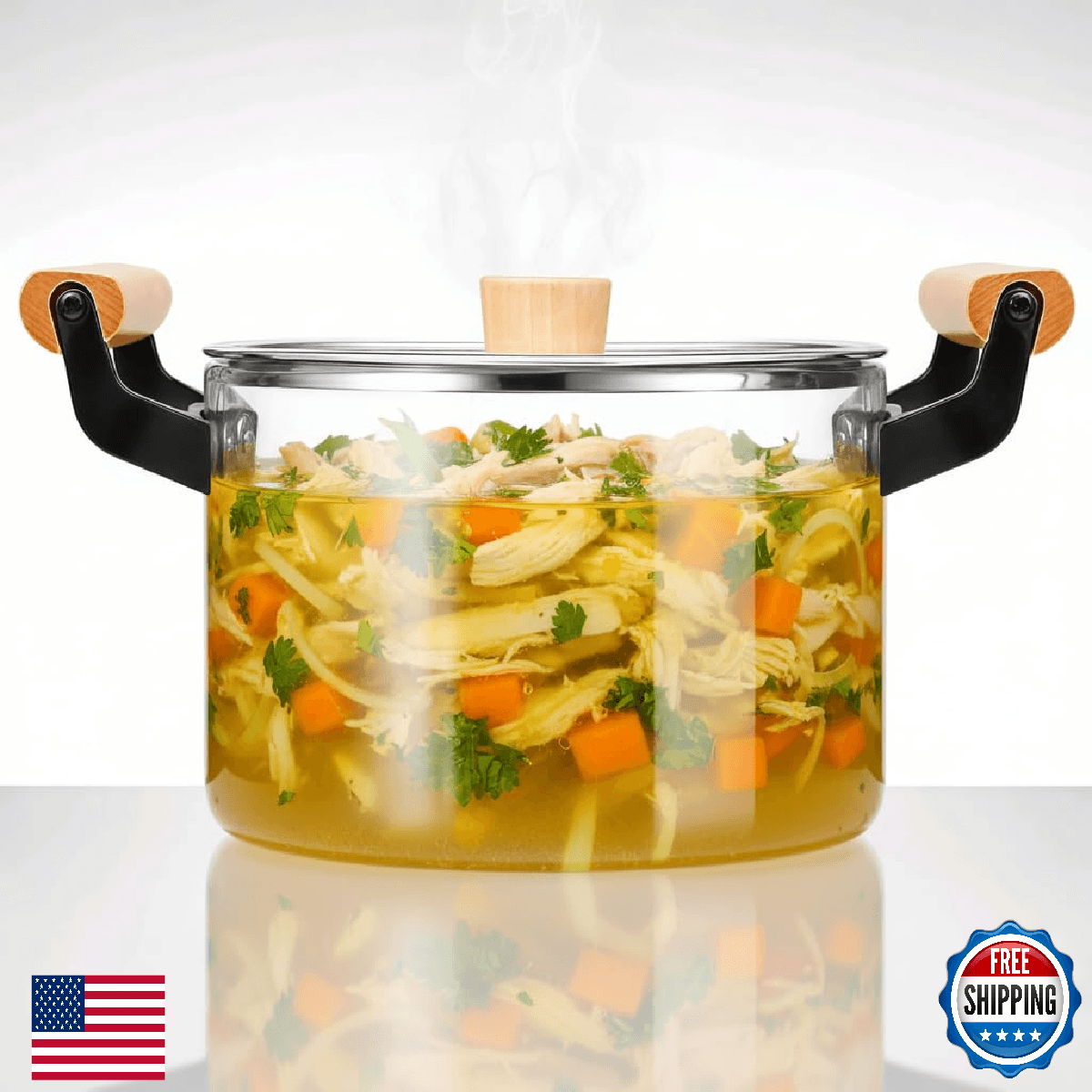 2.5L/3.5L/4.5L Glass Cooking Pot with Wooden Handle - Stovetop & Oven Safe - Image 1