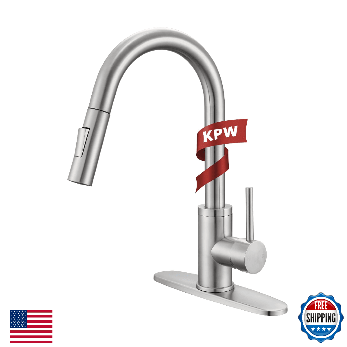 KPW Kitchen Faucet Pull-Down Sprayer, Brushed Nickel, High-Arc, Single Handle - Image 1