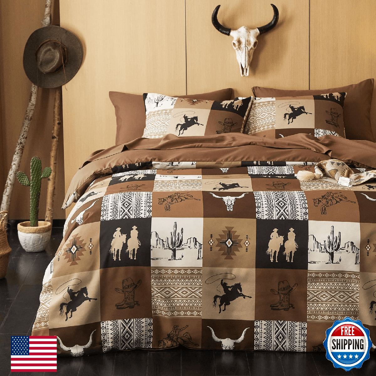 Wake In Cloud Western Comforter Set, Southwestern Aztec Horse Cowboy - Image 1