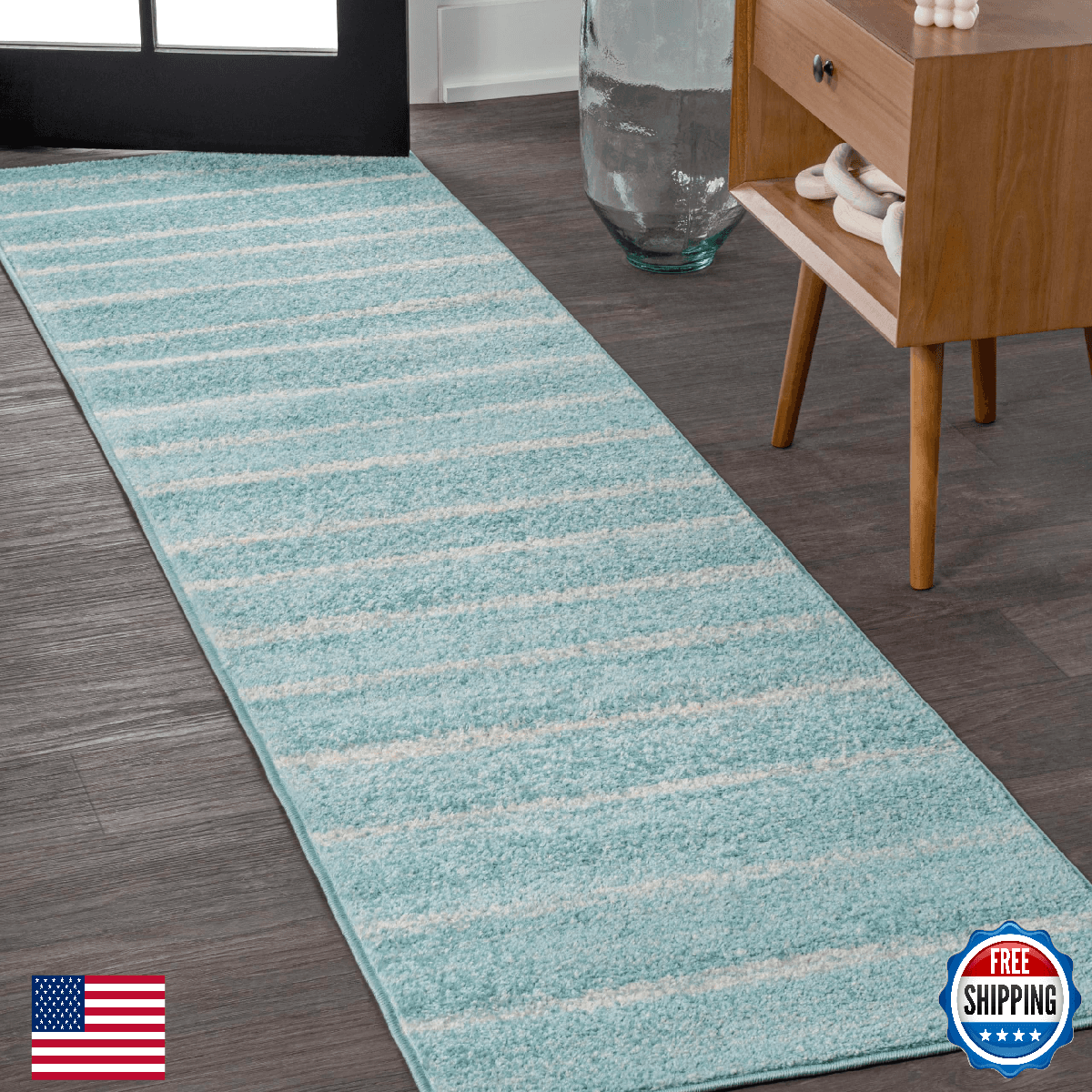 JONATHAN Y Williamsburg Minimalist Stripe Turquoise/Cream Runner Rug, 2x8 - Image 1