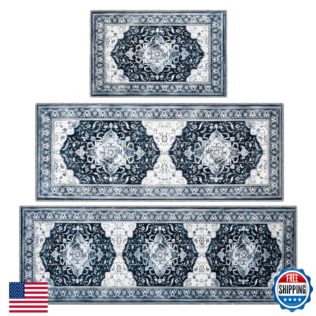 Kitchen Rug Set 3Pcs, Boho Rug Sets Non Slip Washable for Floor Thick Farmhouse - Image 1