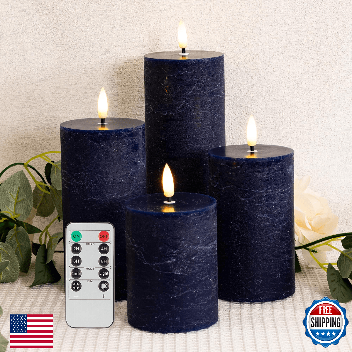 AFINETH Blue Flameless Pillar Candles, Battery Operated Candles with Remote, Rea - Image 1