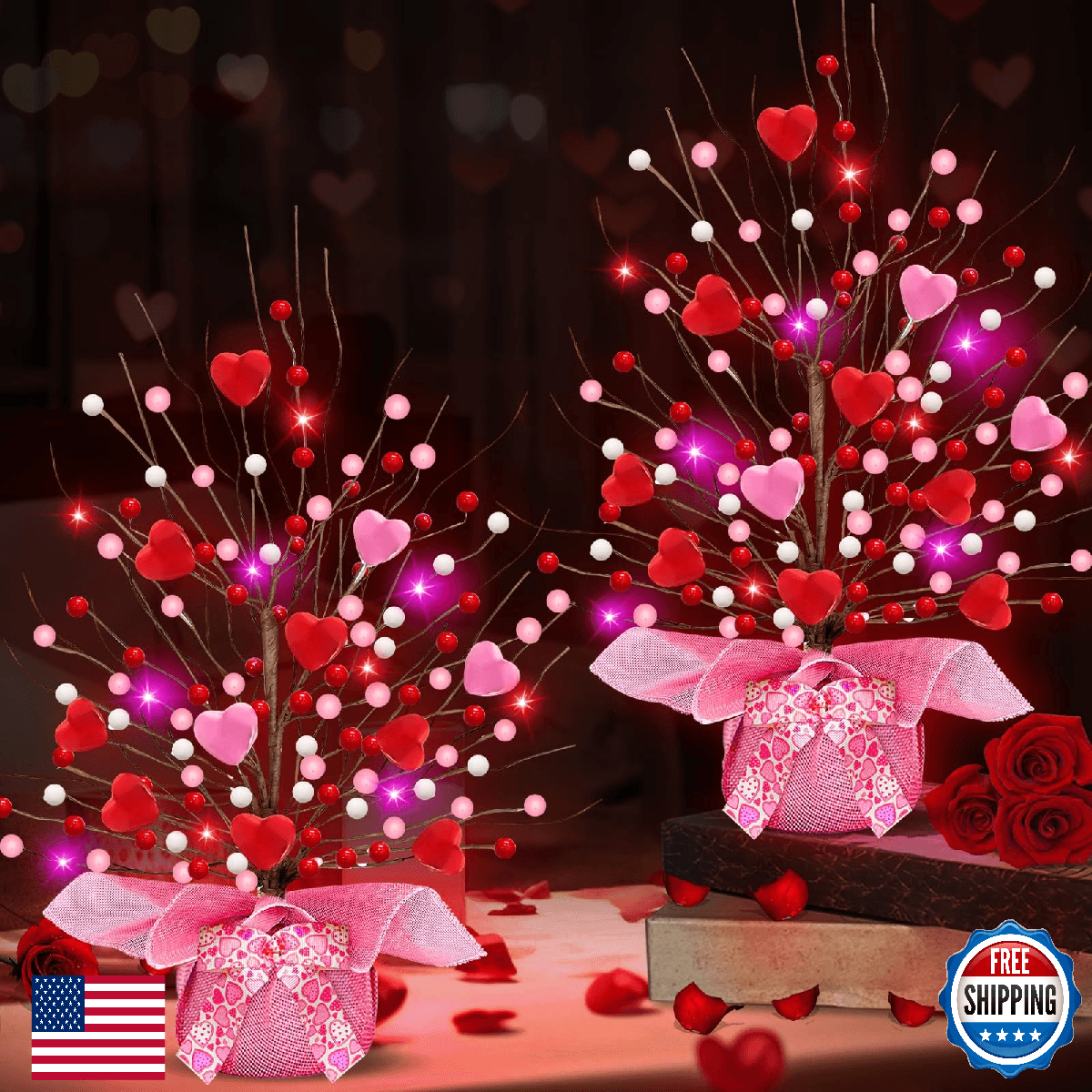 Valentines Day Decorations, Timer 2 Pack 18 Inch Lighted Valentines Tree Table D - Image 1