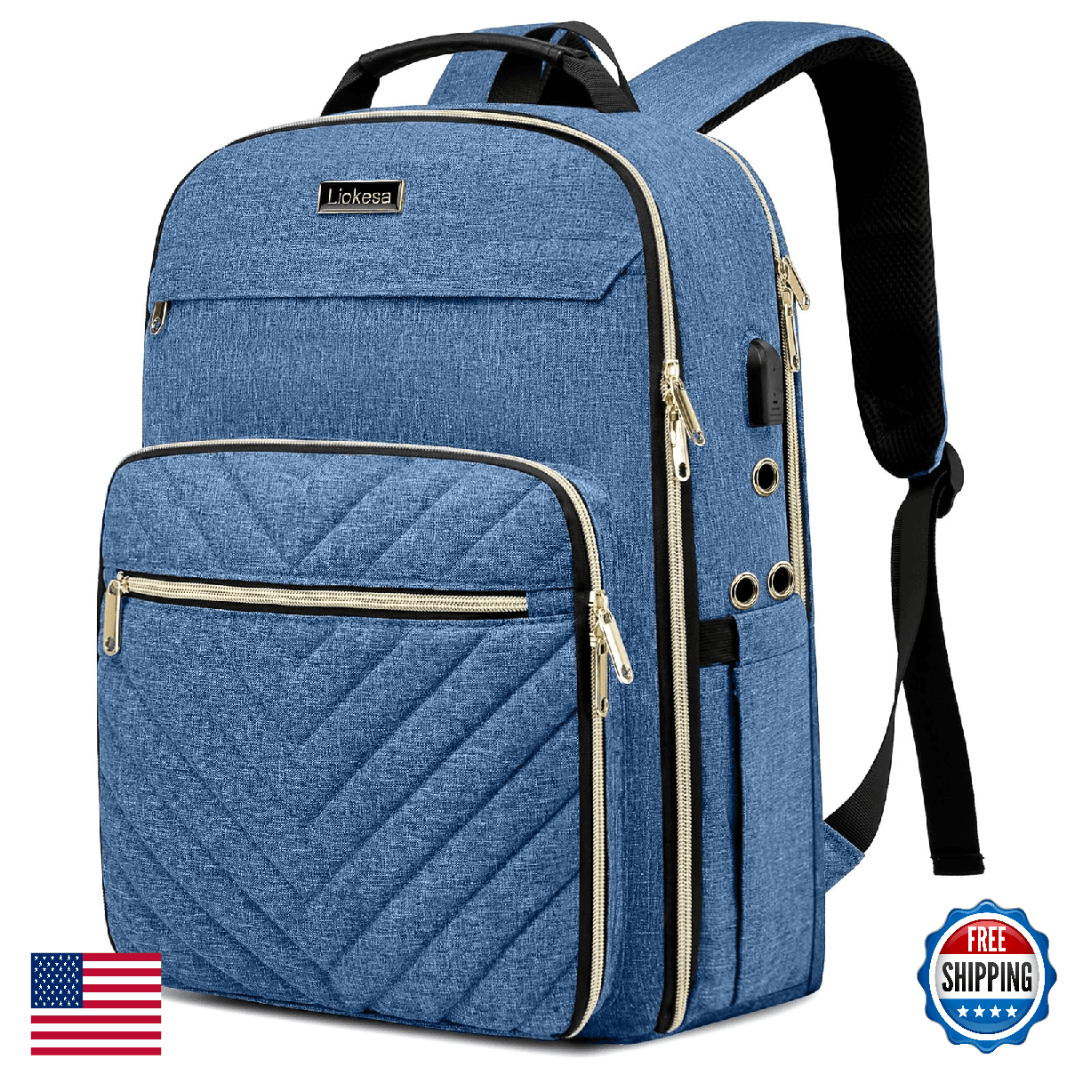 Knitting Crochet Bag Backpack Tote - Large Yarn Storage w/ USB Port, Blue - Image 1