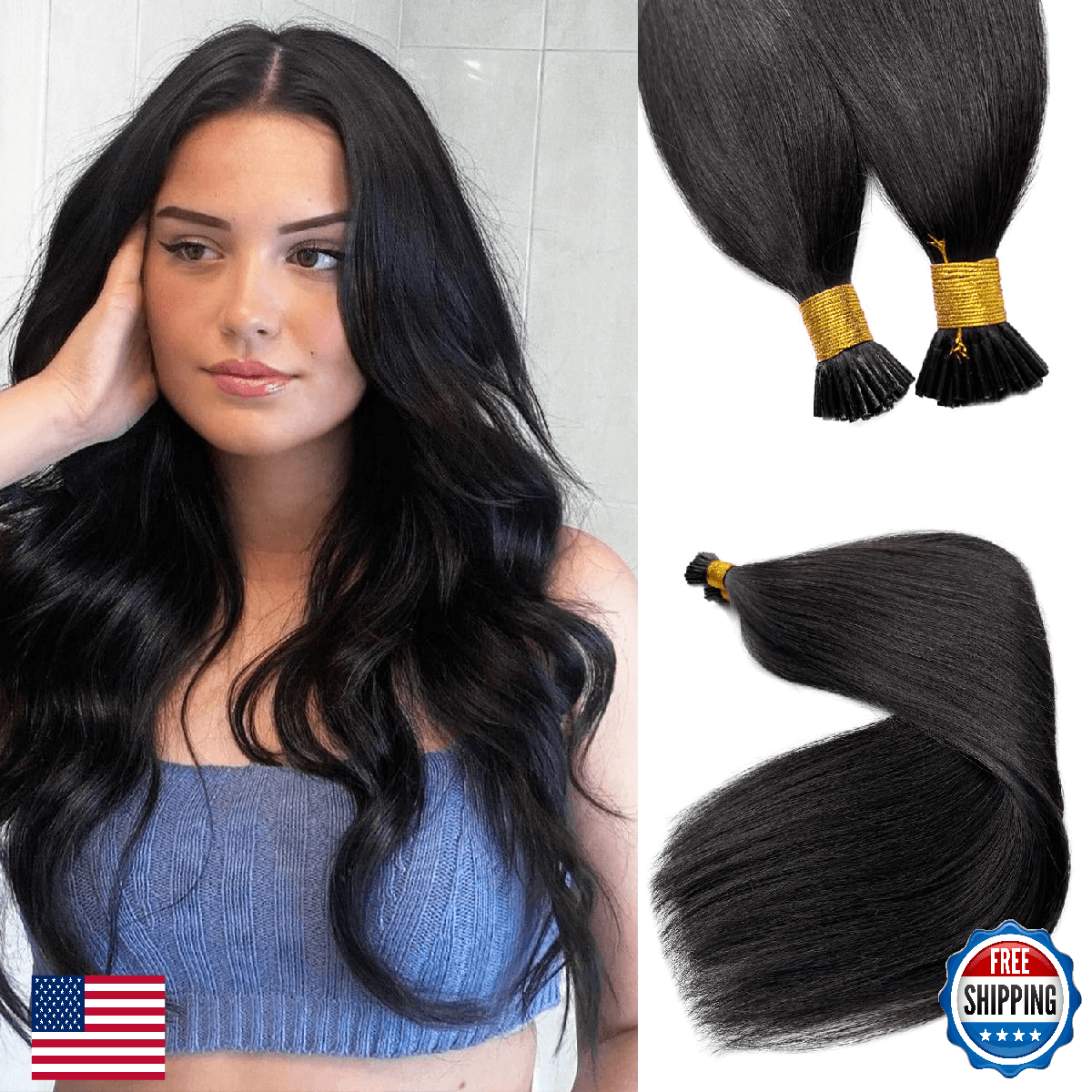 I Tip Human Hair Extensions 22 Inch Long Black I Tip Hair Extensions Real Human - Image 1