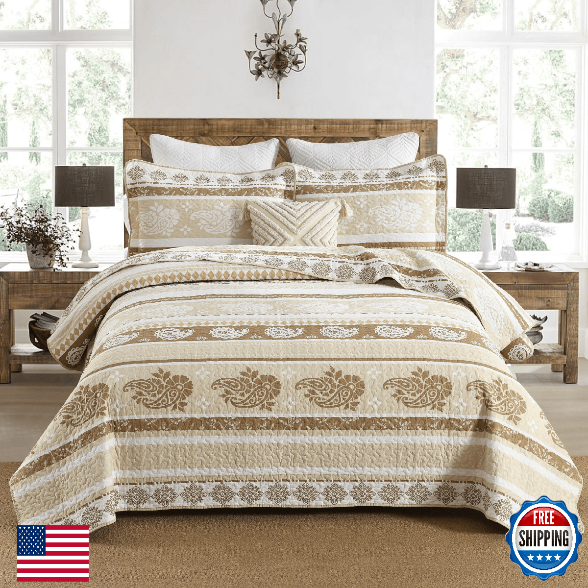 AJOCCI Quilt Bedding Set Queen Size Cotton Comforters Set Brown Taupe Quilts Bed - Image 1