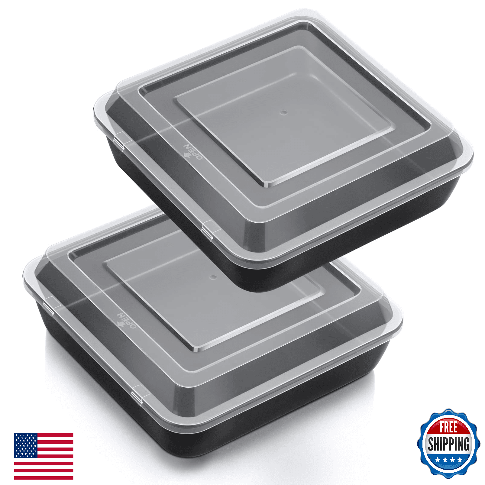 TeamFar 8" Square Cake Pan Set w/ Lids, Stainless Steel Nonstick Baking Tins, 2- - Image 1