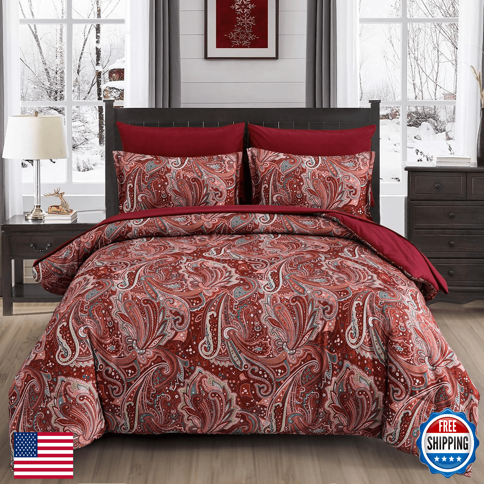 DJY Red Paisley Comforter Set King Size 7 Piece Bed in a Bag Microfiber Reversib - Image 1
