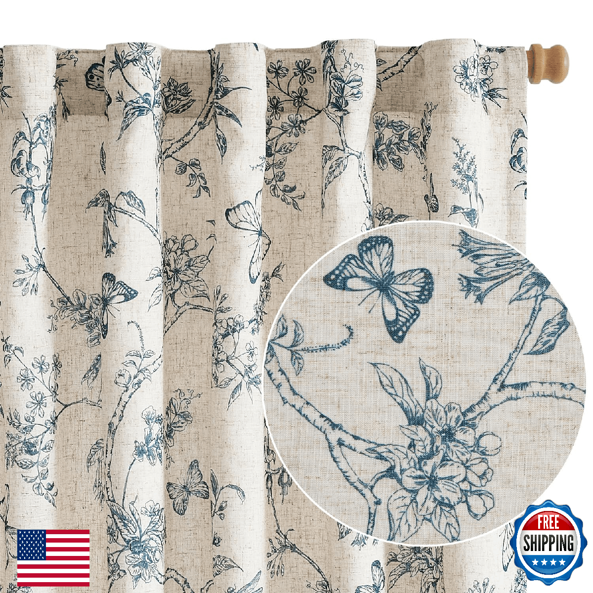 Lazzzy Charlotte Blue Floral Curtains 90 Inch Length Lined Linen Farmhouse Back - Image 1