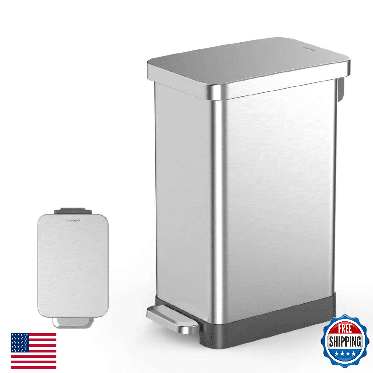 QUALIAZERO 50L 13 Gallon Slim Stainless Steel Step-On Trash Can Soft-Close Lid F - Image 1