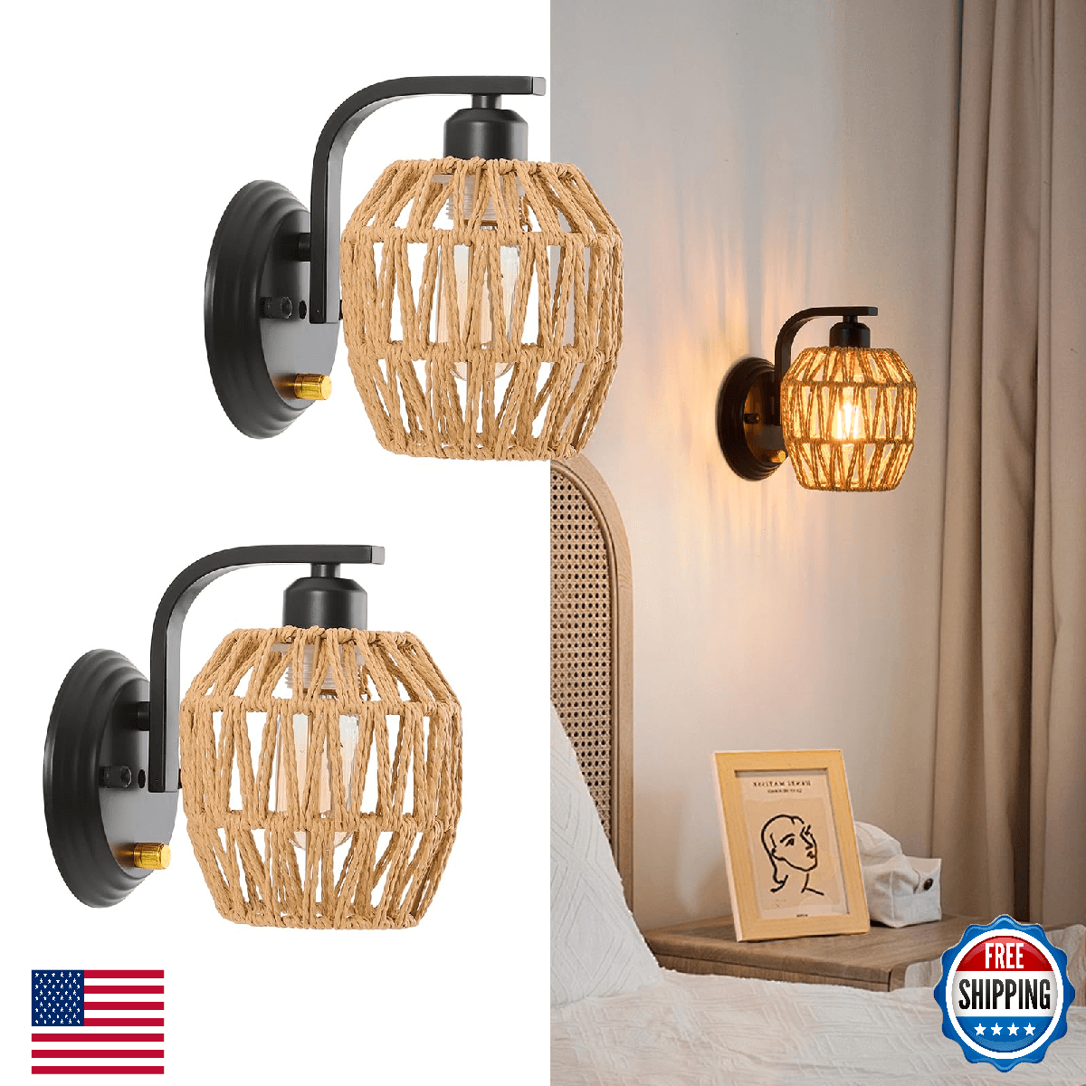 Zswanbei Boho Rattan Wall Sconces Set of Two On/Off Dimmable Switch Bedside Wall - Image 1