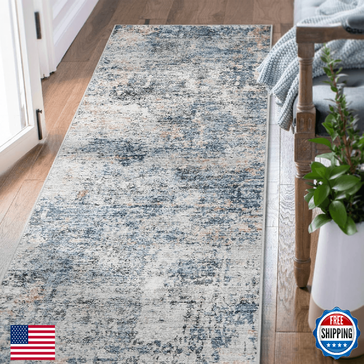 jinchan Washable Runner Rug 3x7 Modern Abstract Hallway Carpet Blue Multi - Image 1
