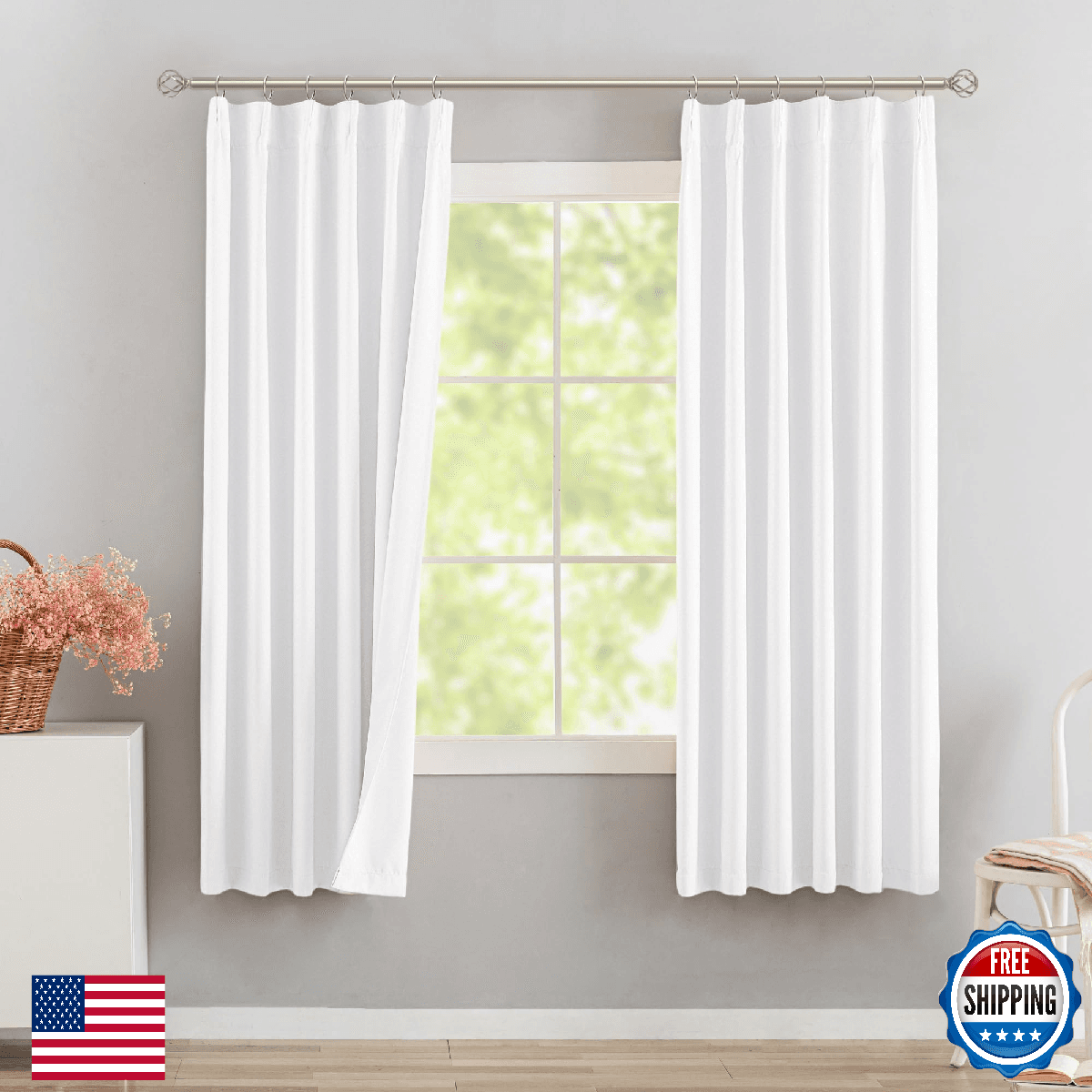 DONREN Pure Withe Pinch Pleated 50% Blackout Curtains with Hooks - 72 inch Lengt - Image 1