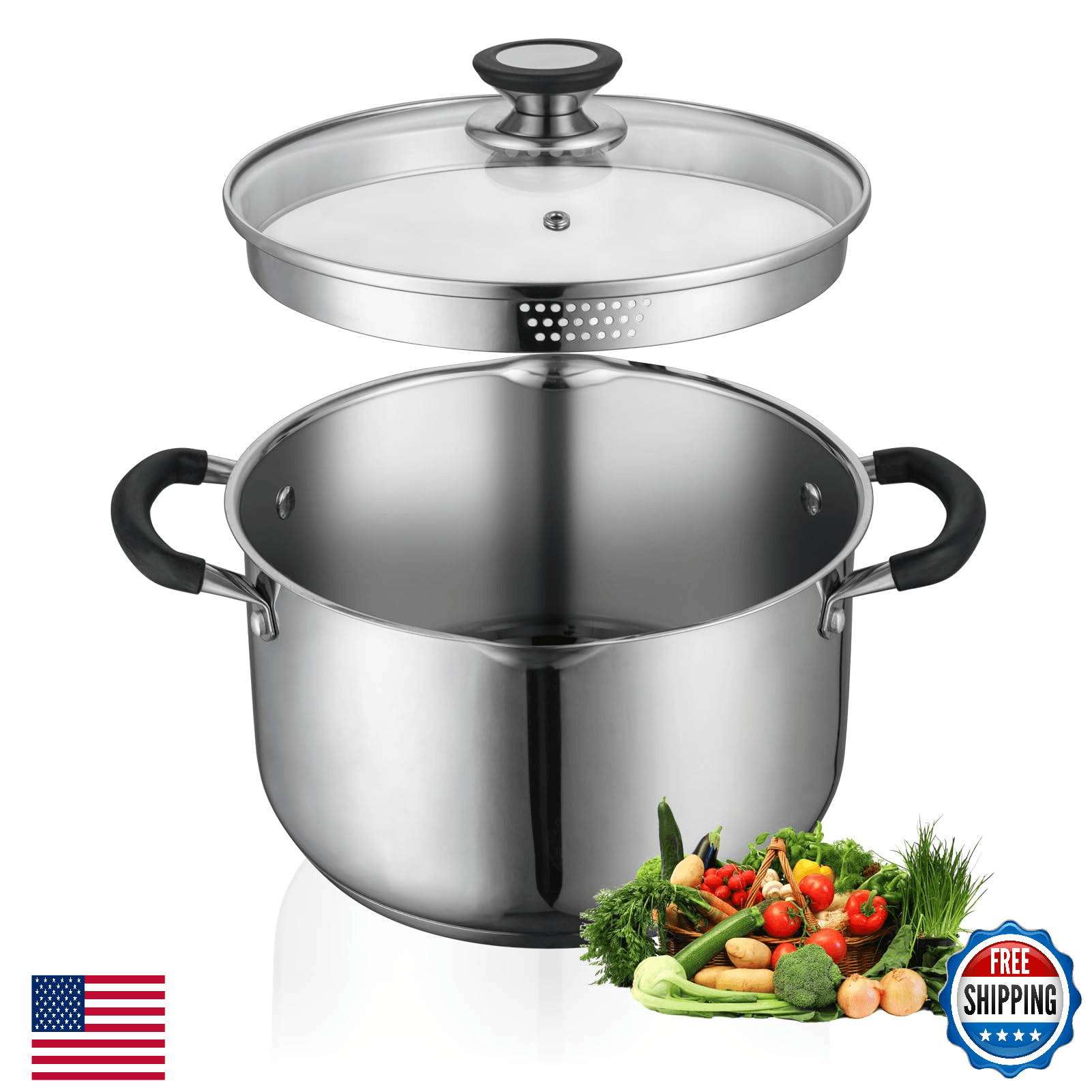 SLOTTET 6 Qt Stainless Steel Stock Pot with Strainer Glass Lid Stay-cool Handle - Image 1