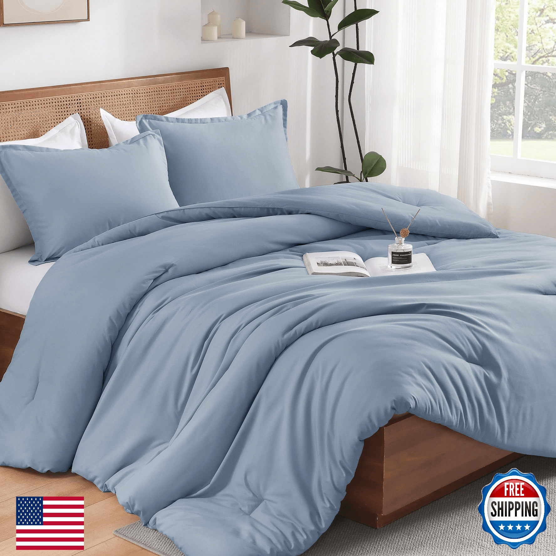 Andency Queen Size Comforter Set Grayish Blue Solid Bed Set 3 Pieces Soft Cozy L - Image 1