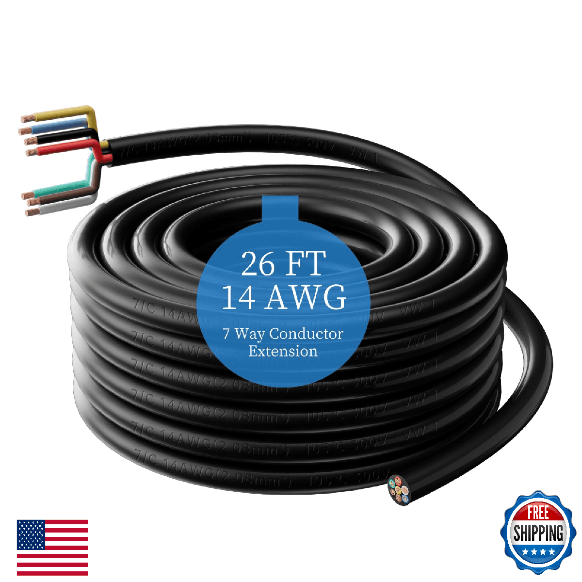 Gubrdfrsod 14 Gauge 26ft Heavy Duty 7-Way Trailer Wiring Harness Copper 7 Conduc - Image 1